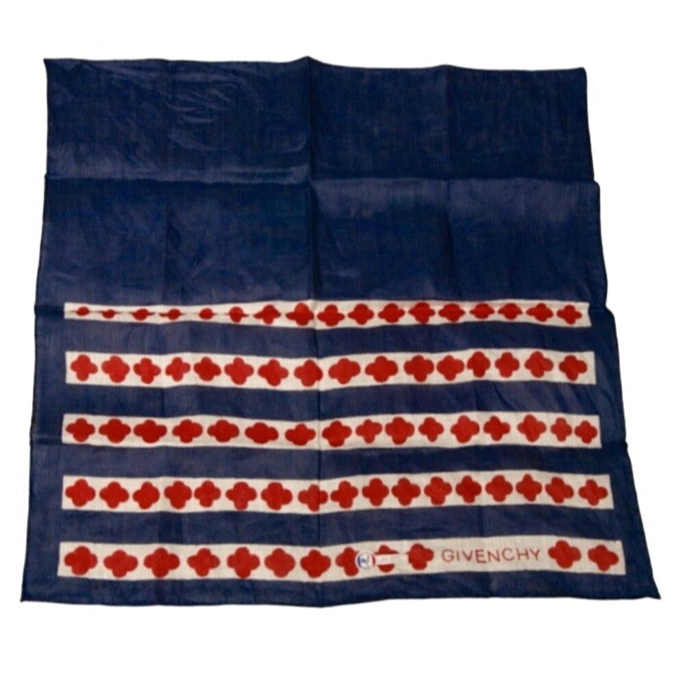 Vintage Givenchy Blue & Red Linen Pocket Square Scarf